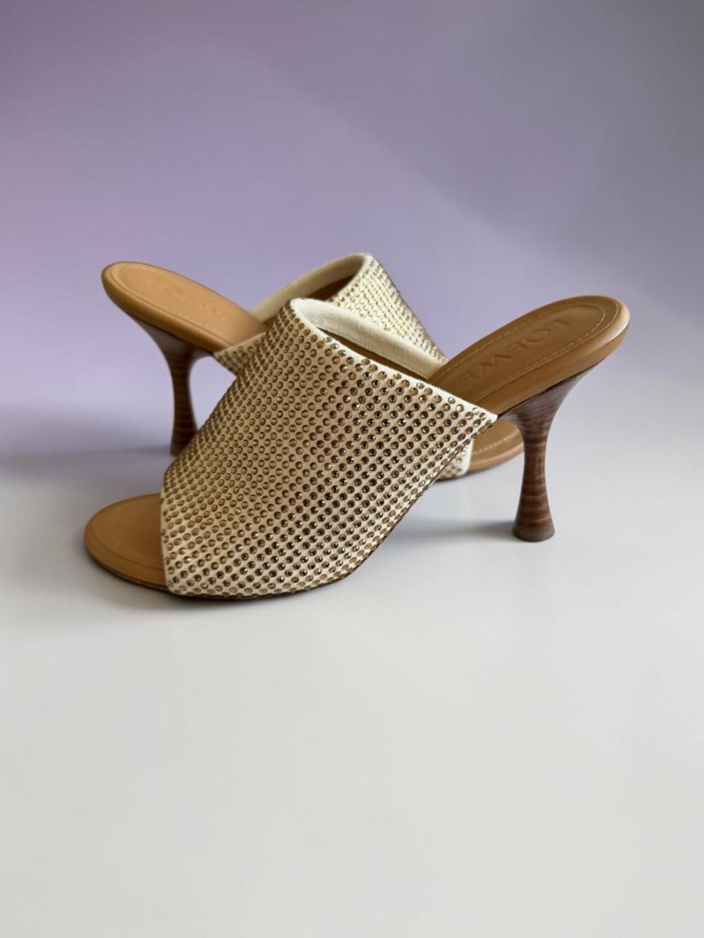 LOEWE Strass Gold Leather Stiletto Mules Sandals Size 38 / US 8